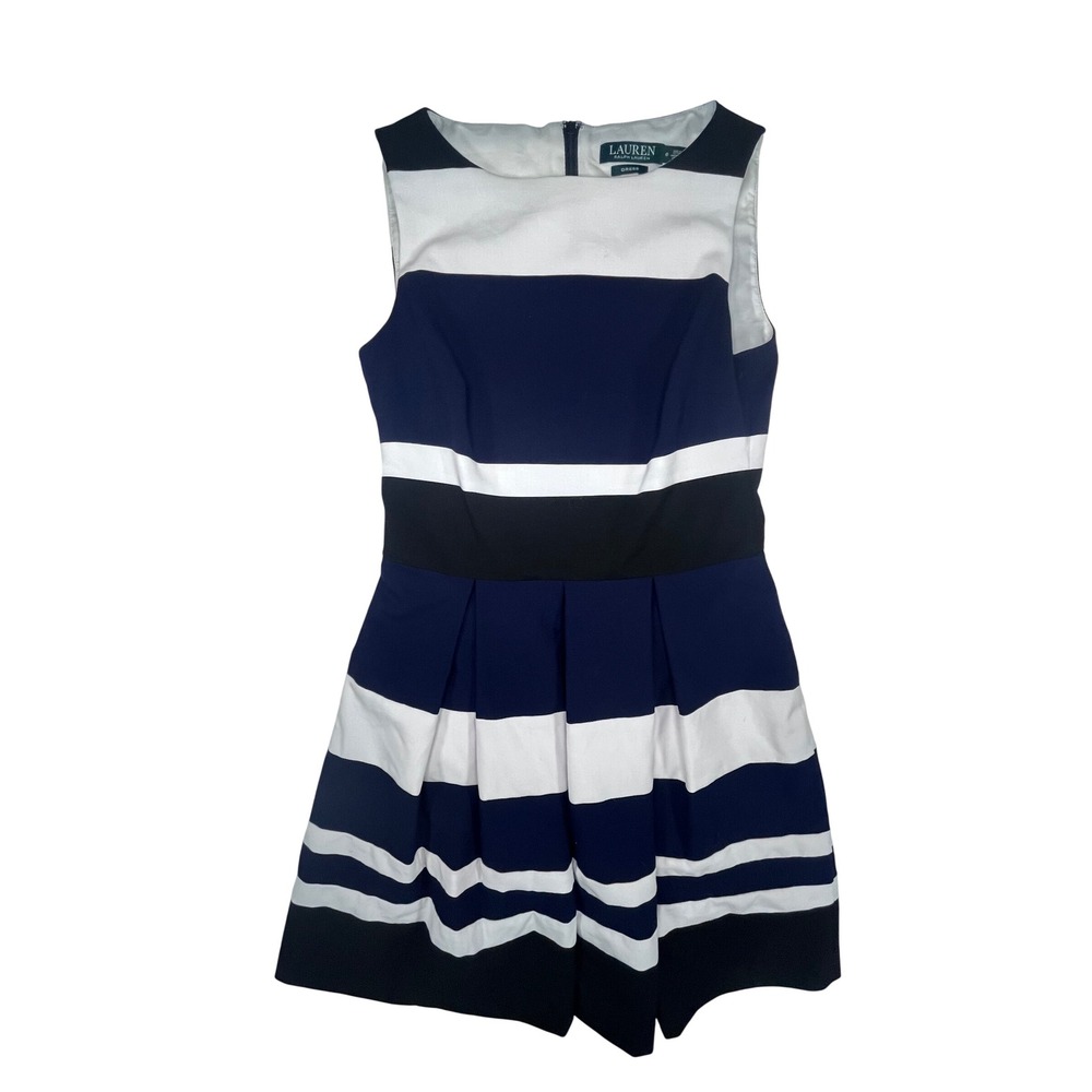 Ralph Lauren Navy White Striped Fit Flare Pleated Dress Womens 6 Nautical